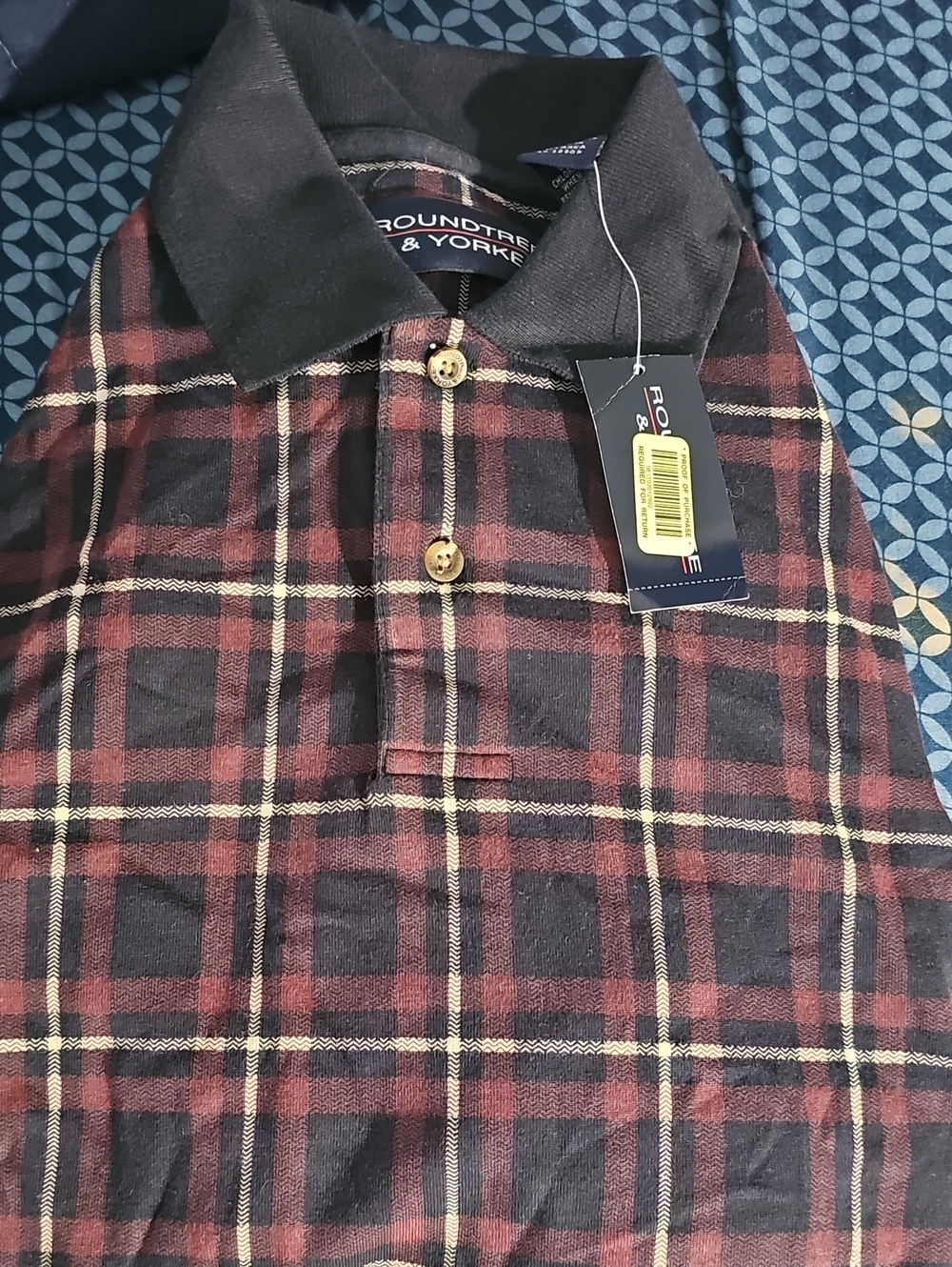 Roundtree & Yorke Men's Burgundy and Black Plaid Long Sleeve Polo Shirt